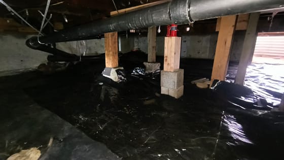 A crawlspace after a powderpost beetle treatment, new posts on concrete blocks and a fresh black vapor barrier under the ductwork