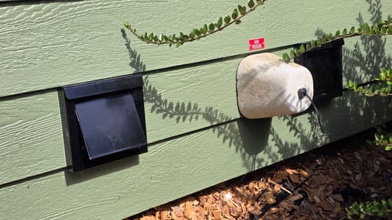 Black flush-mount dryer and exhaust vent covers fitted on green lap siding above a mulched bed, with a foam cover over a hose bib between them
