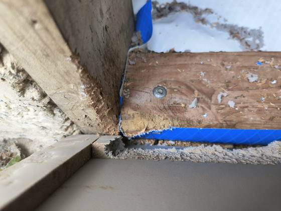 A crawlspace rim joist gnawed raw by rodents, with the rigid foam beside it shredded and the taped seam pulled loose