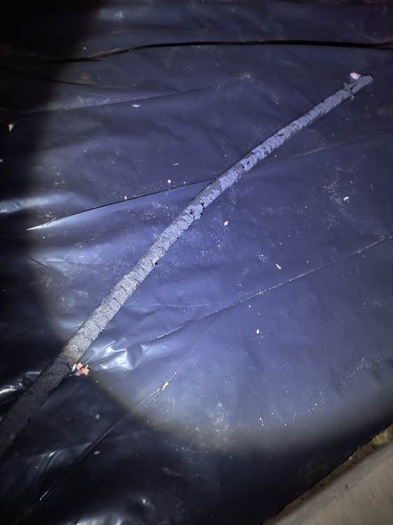 Plumbing-line insulation chewed by rodents in a crawlspace with a vapor barrier