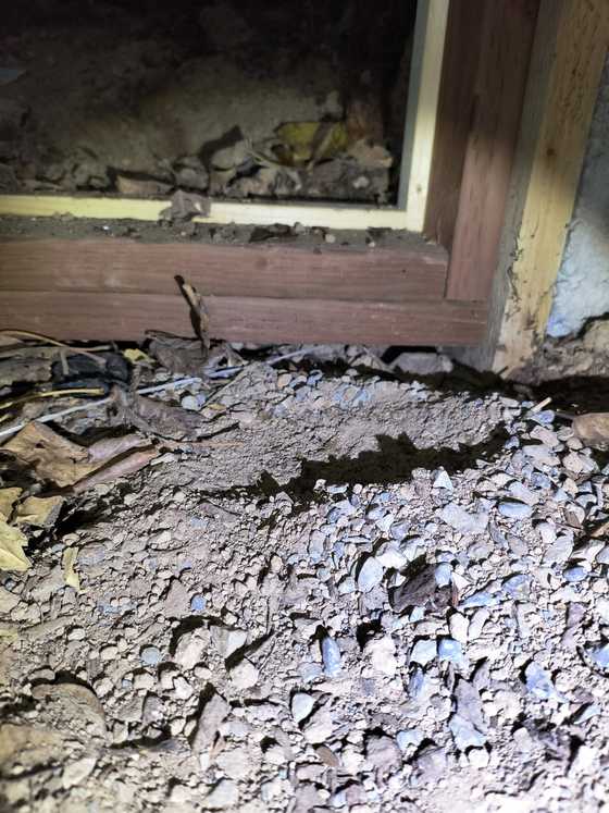 A wood-framed vent opening with leaves and debris in it, above pea gravel and soil in a crawlspace