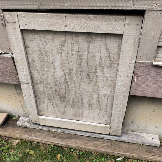 A wooden crawlspace access door on a home's foundation