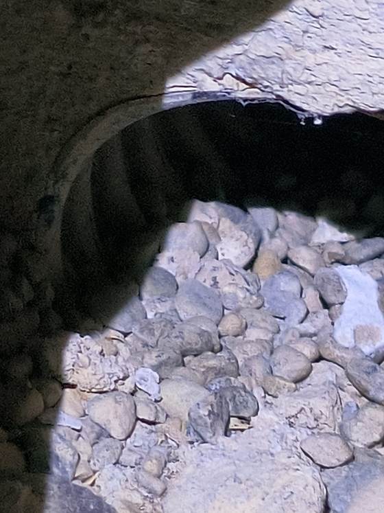 A dark gap among foundation rocks providing a rodent access point at a home