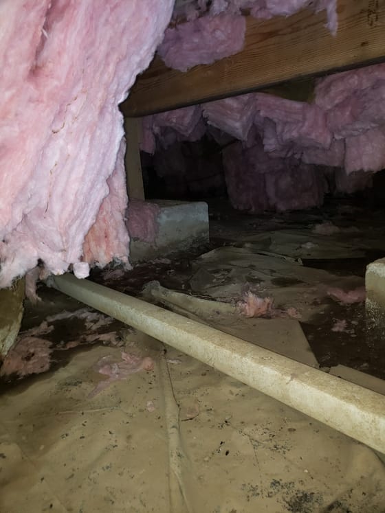 Pink insulation hanging loose and fallen from the joists of a crawlspace, pieces scattered across a dirty paper barrier