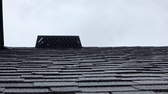 A black slotted metal roof vent cover on a shingled roof, seen from the eave against a gray sky