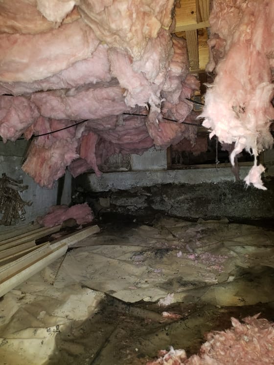 Crawlspace insulation sagging and pulled down between the joists, loose pieces on the ground below