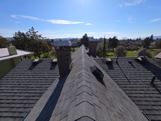 Roof vents across a dark shingled hip roof between two brick chimneys, each fitted with a black mesh guard