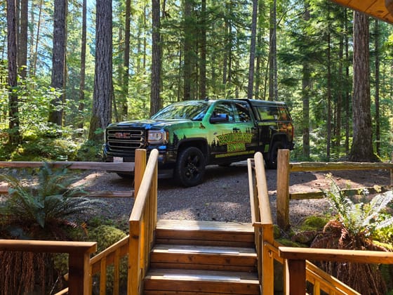 The wrapped pickup parked below the wooden steps of a cabin among tall firs near Deming