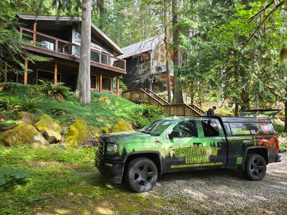 The wrapped pickup parked on gravel below two forest cabins in the Mount Baker foothills, a technician at the tailgate