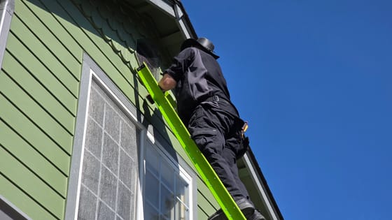 A technician in a black hat, seen from below, fitting mesh over a second-story gable vent from a green ladder