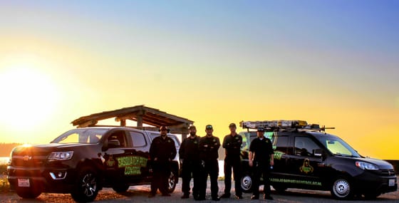 Five members of the crew standing between a wrapped pickup and a wrapped van at sunset beside the water