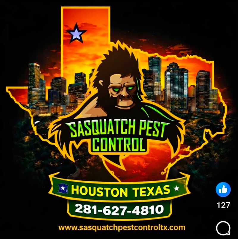 Sasquatch Pest Control Houston, Texas — the brand mark inside the outline of Texas over the Houston skyline, with the Texas phone number and web address
