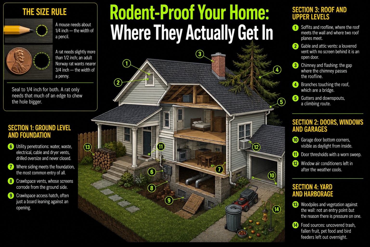 Infographic titled Rodent-Proof Your Home: Where They Actually Get In. A cutaway drawing of a two-story house with fourteen numbered entry points grouped into roof and upper levels, ground level and foundation, doors and windows and garages, and yard and harborage. A panel states that a mouse needs about a quarter of an inch, the width of a pencil, and a rat slightly more than half an inch, with an adult Norway rat nearer three quarters of an inch, the width of a penny, and that both should be sealed to a quarter inch.