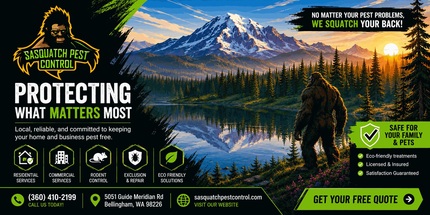 Sasquatch Pest Control banner: a forested lake and mountain scene with the company logo