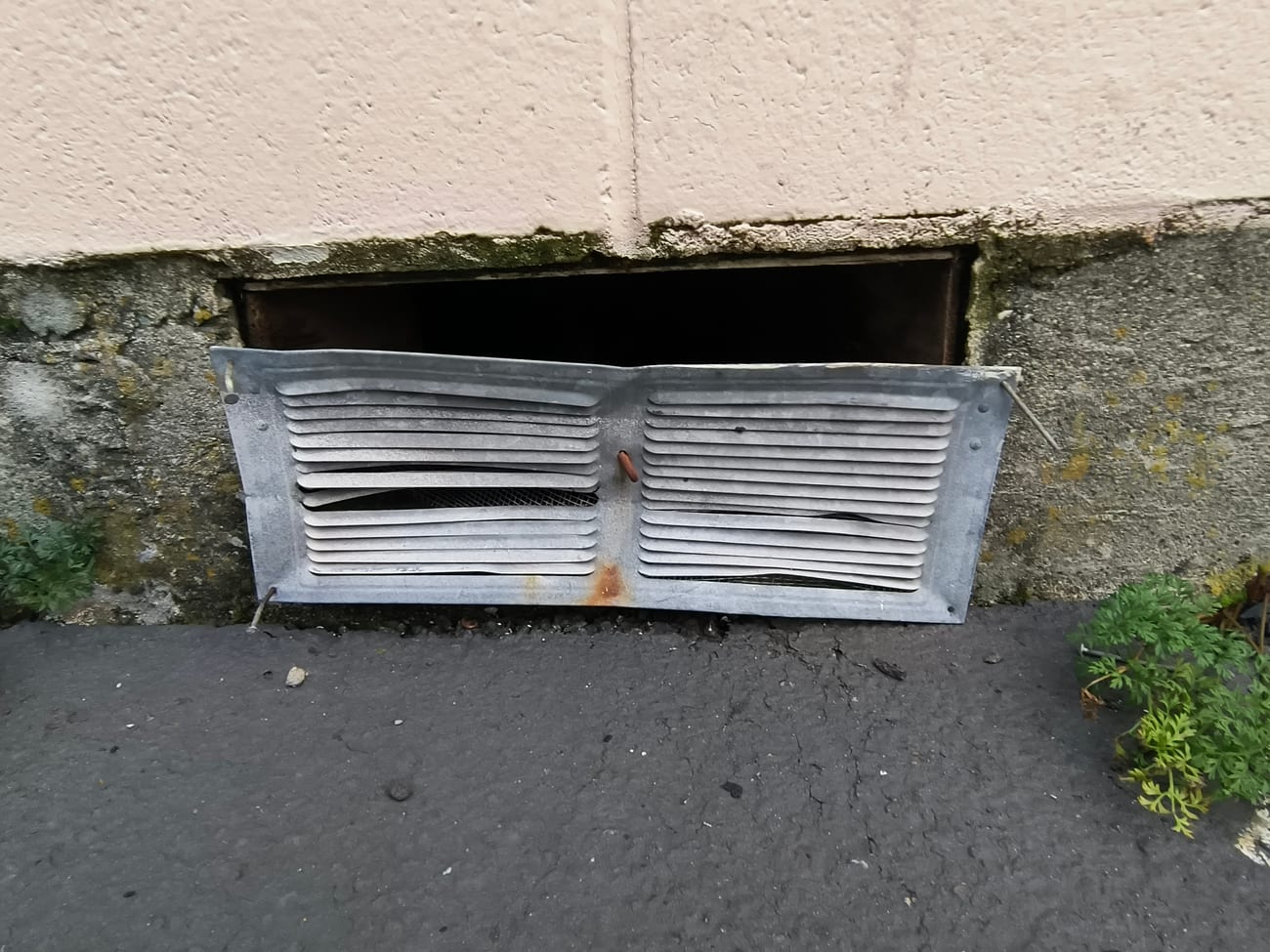 A galvanized louvered foundation vent at a restaurant, blades bent and corners pulled open, sitting proud of the concrete