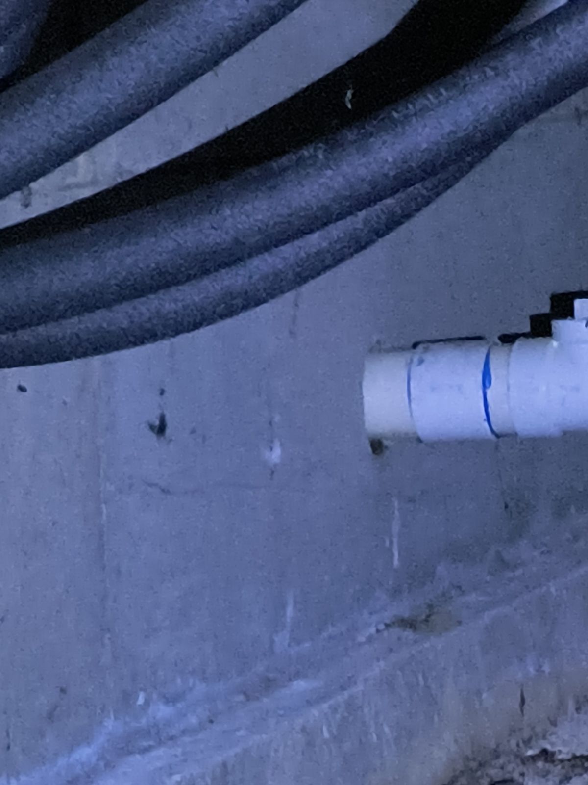 A white plastic pipe passing through a concrete foundation wall with an open gap around it where the hole was cut oversize