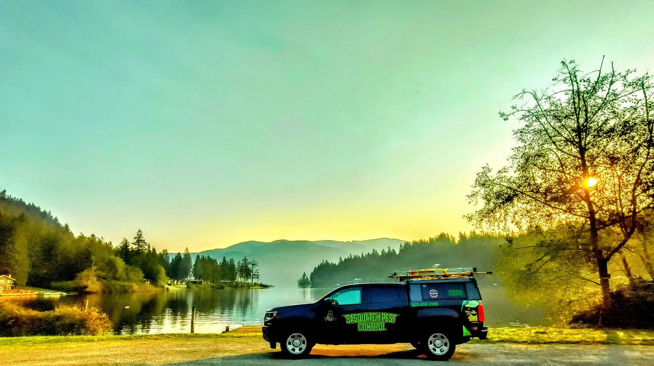 A wrapped service truck parked at the edge of a lake with forested hills across the water